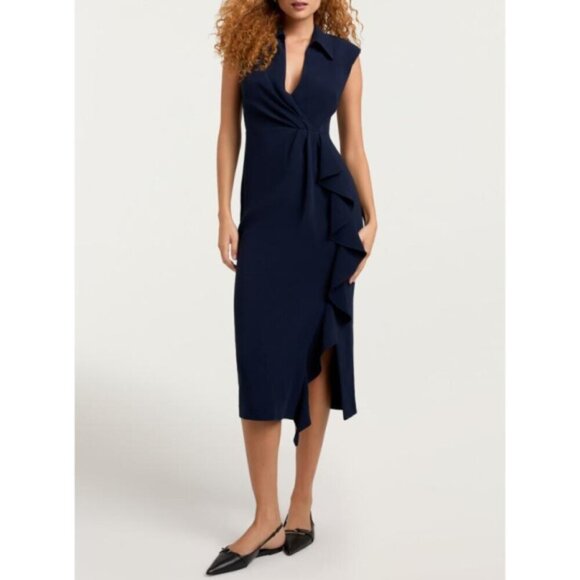 CINQ À SEPT 'Tori' Wrap-Style Ruffled Sleeveless Crepe Dress, Navy Blue - Picture 1 of 5
